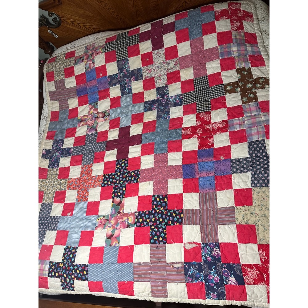 Vintage Hand Tied Patchwork Cutter Quilt Red Multicolor 75x67 Farmhouse